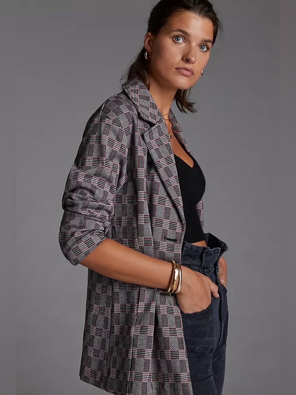 Anthropologie Avec Les Filles Longline Plaid Blazer